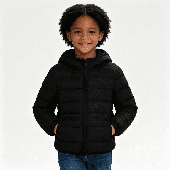 Girls Quilted Jacket with Hood Casual Zip Up Warm Lightweight Long Sleeve Kids Winter Coat Black 4-12 Years