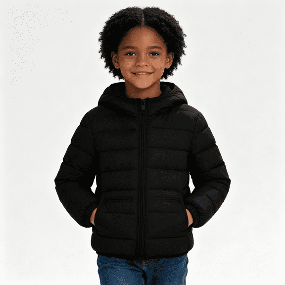 Girls Quilted Jacket with Hood Casual Zip Up Warm Lightweight Long Sleeve Kids Winter Coat Black 4-12 Years