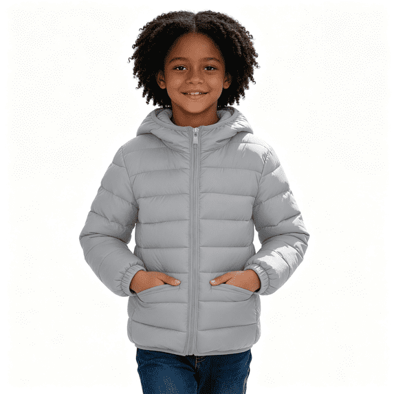 Girls Quilted Jacket with Hood Lightweight Long Sleeve Warm Zip Up Casual Kids Winter Coat Gray 8 Years