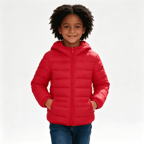 Girls Quilted Jacket with Hood Warm Lightweight Long Sleeve Casual Zip Up Kids Winter Coat Red 6 Years
