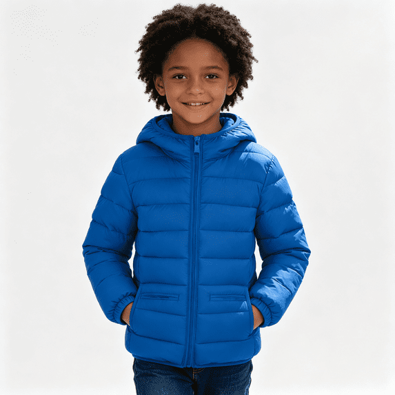 Girls Quilted Jacket with Hood Zip Up Casual Lightweight Long Sleeve Warm Kids Winter Coat Blue 5 Years