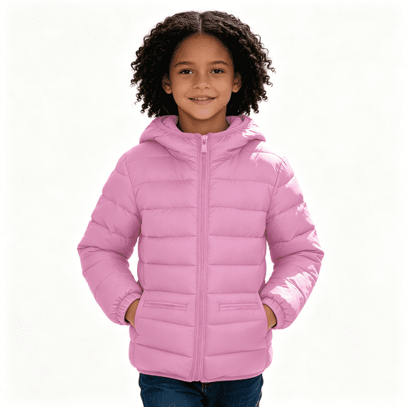 Girls Quilted Jacket with Hood Zip Up Casual Lightweight Long Sleeve Warm Kids Winter Coat Pink 5 Years