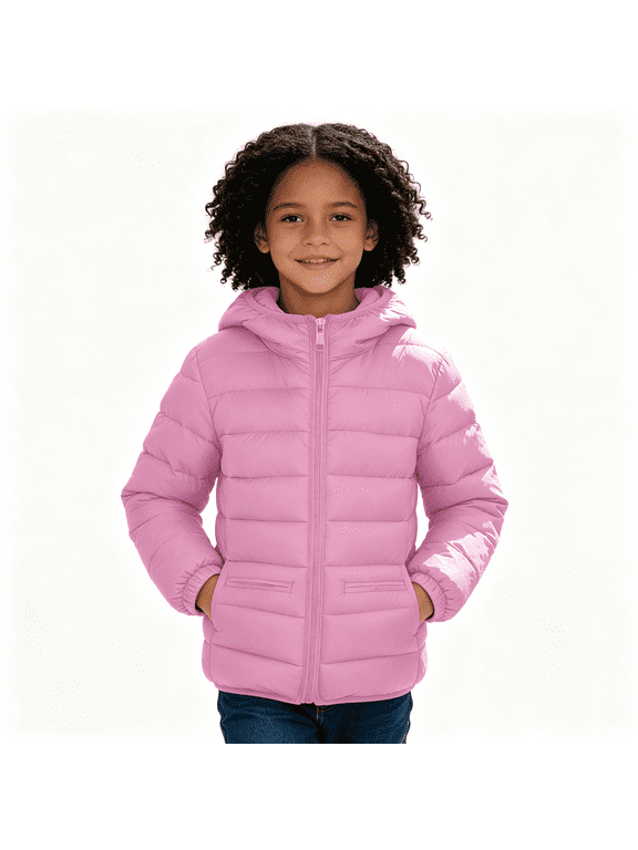 Girls Quilted Jacket with Hood Zip Up Warm Lightweight Long Sleeve Casual Kids Winter Coat Pink 12