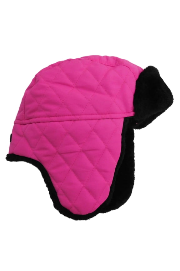 Girls Quilted Pink & Black Faux Fur Aviator Trapper Hat