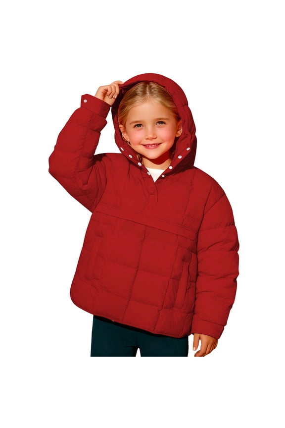 Girls Quilted Puffer Coat Lightweight Long Sleeve Snap Button Puffer Pullover Fall Winter Warm Hooded Coat with Pocket