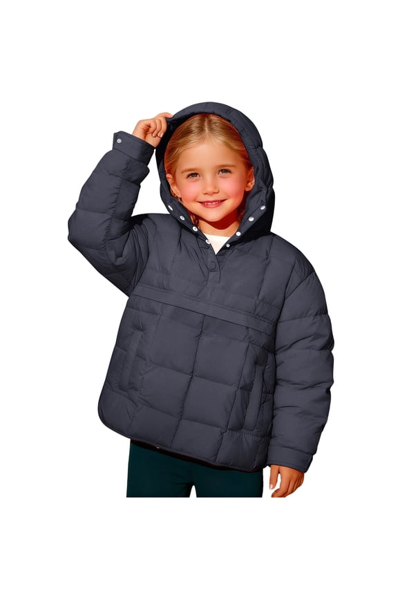 Girls Quilted Puffer Coat Lightweight Long Sleeve Snap Button Puffer Pullover Fall Winter Warm Hooded Coat with Pocket