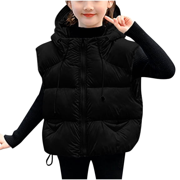 Girls Quilted Sleeveless Jacket Hooded Puffer Vest Full Zip Waistcoat Light Gilet Black 9-10 Years