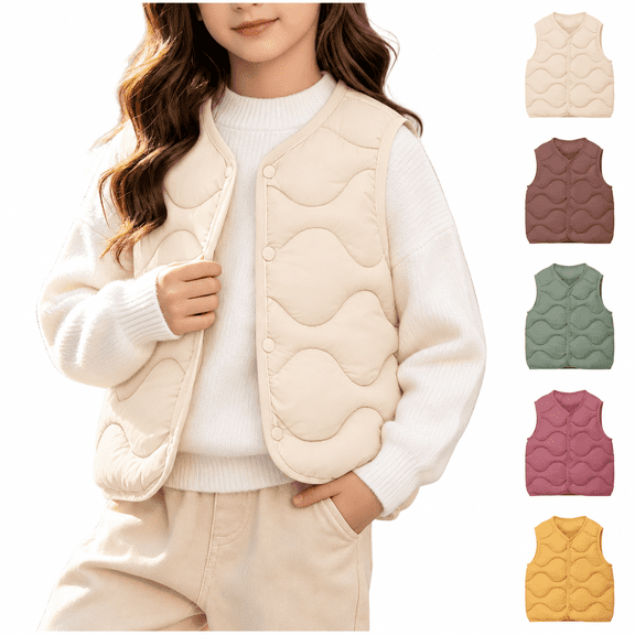 Girls Quilted Vest Lightweight Puffer Vest Kids Sleeveless Button Front Lightweight Casual Layering Gilet 2-10 Years