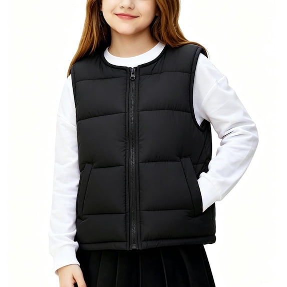 Girls Quilted Vest, Zip Up Round Neck Sleeveless Cotton Jacket, Light Warm Outerwear For Kids Black 3-4Years