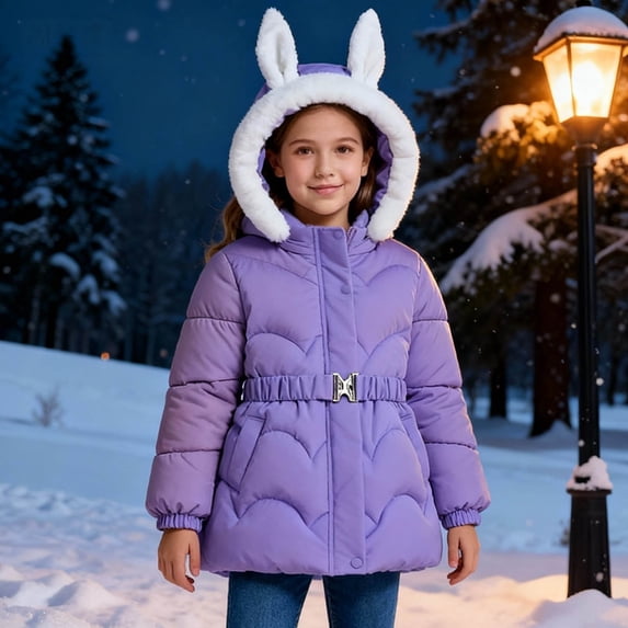 Girls Rabbit Ear Hooded Puffer Jacket, Korean Style Thick Warm Winter Coat with Faux Fur Trim, Lightweight Quilted Insulated Outerwear for Cold Weather Protection Purple