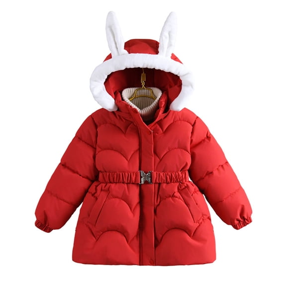 Girls Rabbit Ear Hooded Puffer Jacket, Korean Style Thick Warm Winter Coat with Faux Fur Trim, Lightweight Quilted Insulated Outerwear for Cold Weather Protection Red