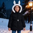thumbnail image 1 of Girls Rabbit Ear Hooded Puffer Jacket, Korean Style Thick Warm Winter Coat with Faux Fur Trim, Lightweight Quilted Insulated Outerwear for Cold Weather Protection Black, 1 of 7