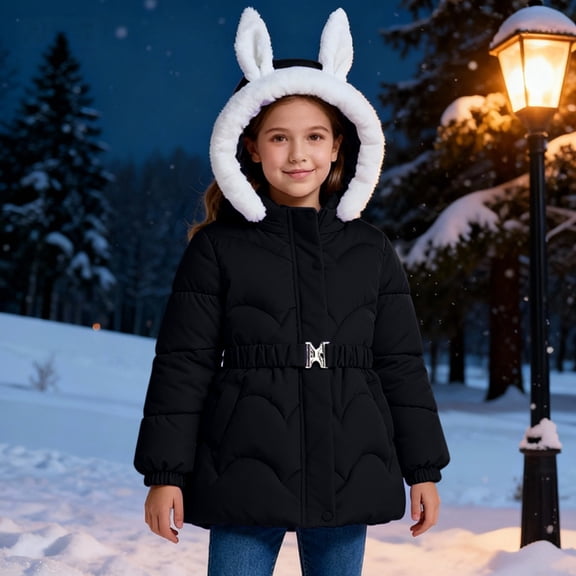 Girls Rabbit Ear Hooded Puffer Jacket, Korean Style Thick Warm Winter Coat with Faux Fur Trim, Lightweight Quilted Insulated Outerwear for Cold Weather Protection Black