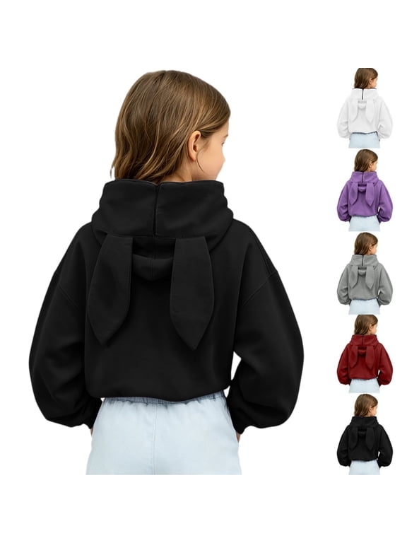 Girls Rabbit Ears Zip‑Up Hoodie, Kids Solid Color Full Zip Long Sleeve Sweatshirt Outerwear, Cute Casual Hooded Jacket for Autumn Winter School Daily Wear(Black,7-8 Years)