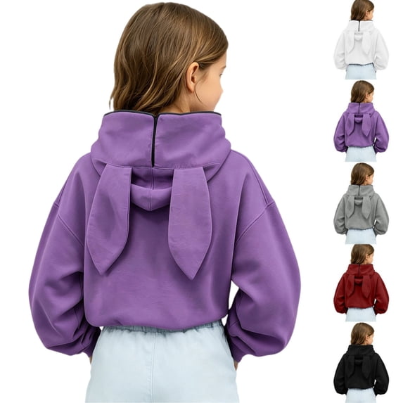 Girls Rabbit Ears Zip‑Up Hoodie, Kids Solid Color Full Zip Long Sleeve Sweatshirt Outerwear, Cute Casual Hooded Jacket for Autumn Winter School Daily Wear(Purple,15-16 Years)