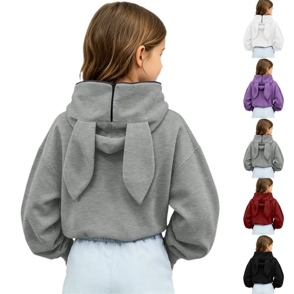 Girls Rabbit Ears Zip‑Up Hoodie, Kids Solid Color Full Zip Long Sleeve Sweatshirt Outerwear, Cute Casual Hooded Jacket for Autumn Winter School Daily Wear(Grey,5-6 Years)