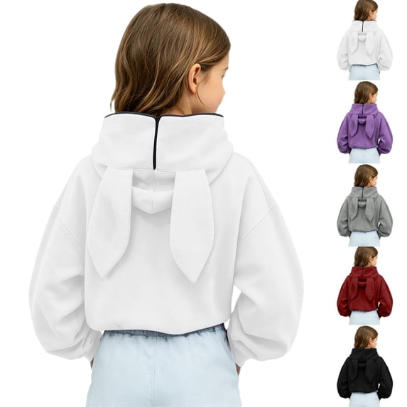 Girls Rabbit Ears Zip‑Up Hoodie, Kids Solid Color Full Zip Long Sleeve Sweatshirt Outerwear, Cute Casual Hooded Jacket for Autumn Winter School Daily Wear(White,13-14 Years)