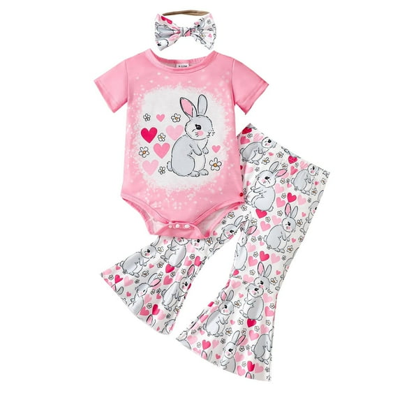 Girls Rabbit Prints Romper Bodysuit + Heart Prints Pants + Headbands Outfits Pink 0 Months-3 Months