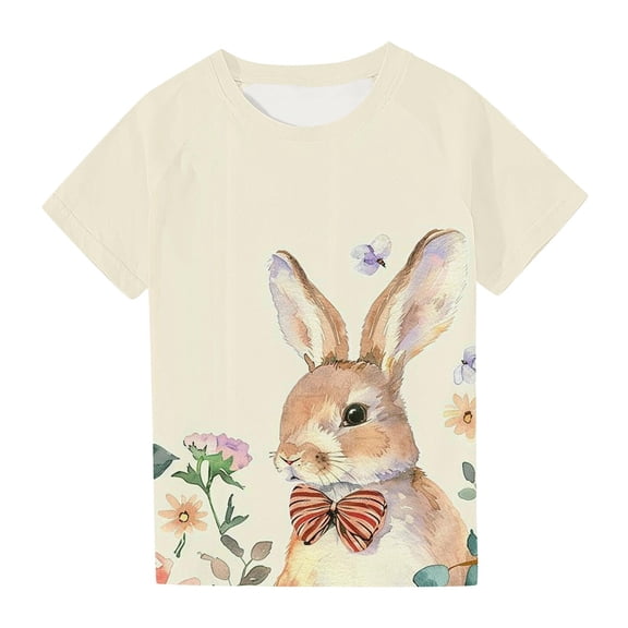 Girls Rabbit Raglan T Shirts Summer Cute Short Sleeve Easter T-Shirts Crew Neck Graphic Tees Casual Going Out Clothes Beige， 7 Years