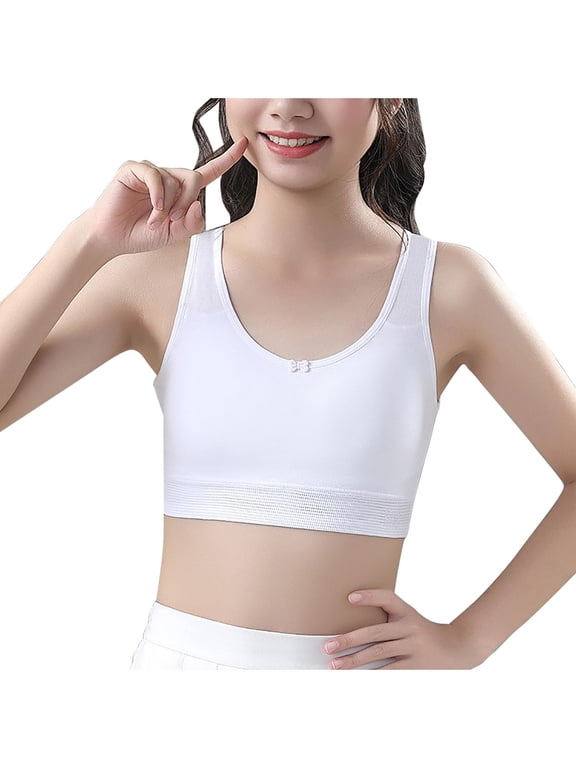 Girls Racerback Sports Bra Teen Girl Sports Bras Solid Soft Ice Silk Wireless Bras with Support and Lift Seamless Comfy Training Soft Underwear White L
