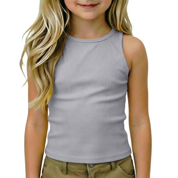 Girls Racerback Tank Top, Sleeveless Crewneck Undershirt, Stretchy Dance Workout Tee for Kids 5-14