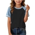 thumbnail image 1 of Girls Raglan Color Block Short Sleeve T-Shirt with Denim Sleeves Crewneck Casual Pullover Top Black,Size 7-8T, 1 of 5