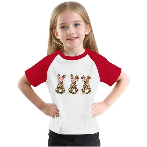 Girls Raglan Graphic Tees Baseball Summer Cute Short Sleeve T-Shirts Loose Fit Round Neck Casual Going Out Tops Red， 5 Years