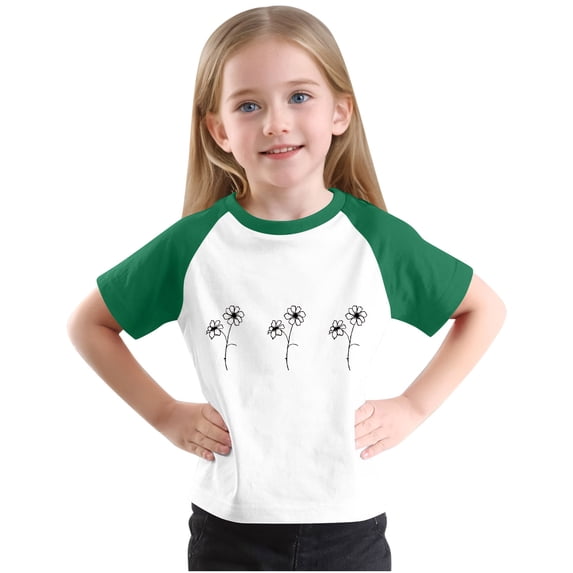 Girls Raglan Graphic Tees Size 3-14 Baseball Summer Cute Short Sleeve T-Shirts Loose Fit Round Neck Casual Tops Green, 7 Years