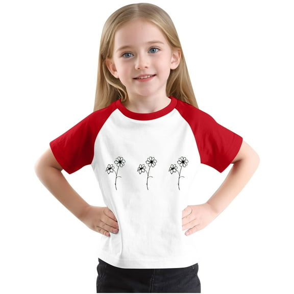 Girls Raglan Graphic Tees Size 3-14 Baseball Summer Cute Short Sleeve T-Shirts Loose Fit Round Neck Casual Tops Red， 7 Years