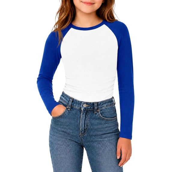 Girls Raglan Long Sleeve Top Color Block Slim Fit Crew Neck Casual Shirt Soft Stretchy Cute Cropped Tee for Kids Girls School Daily Outdoors(Blue,7-8 Years)