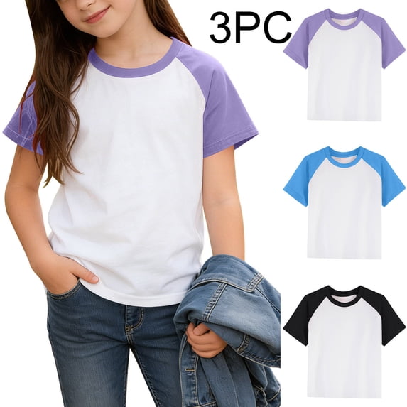 Girls Raglan Short Sleeve T-Shirt 3-Pack, Soft Cotton, Youth Sizes 4-12,Size 6 T