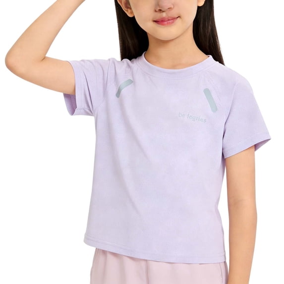Girls Raglan Sleeve Reflective T-Shirt Moisture Wicking Quick Dry Athletic Top Breathable Polyester Activewear Purple,Size 6-7T