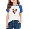 thumbnail image 1 of Girls Raglan Sleeve T-Shirt - Soft Polyester Spandex Color Block Tee with Leopard Print Heart, Trendy Casual Daily Wear for 4-16 Years (Blue),Size 7 T, 1 of 8