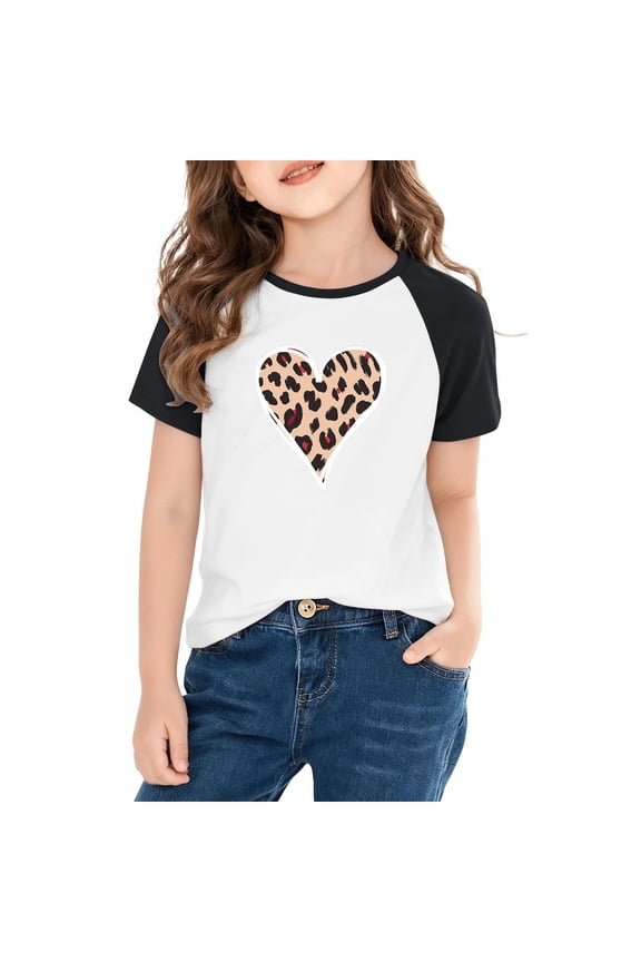 Girls Raglan T-Shirt Black Sleeve Leopard Print Heart Stretch Casual Tee for Girls 4-16Y Sizes 110-170,Size 7 T