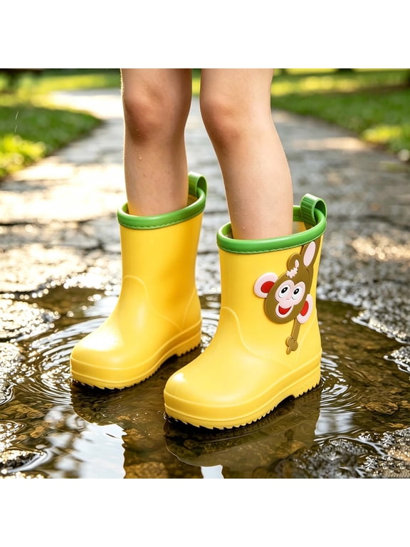 Girls Rain Boots Kids Waterproof Non-Slip Lightweight Pull-On Yellow Monkey,Size 25