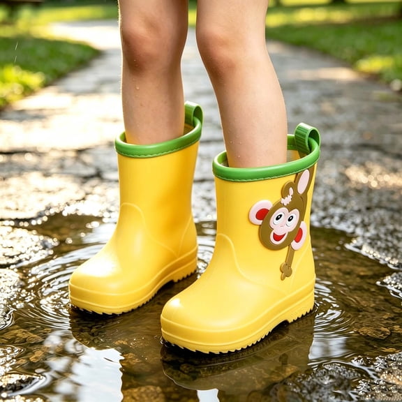 Girls Rain Boots Kids Waterproof Non-Slip Lightweight Pull-On Yellow Monkey,Size 30