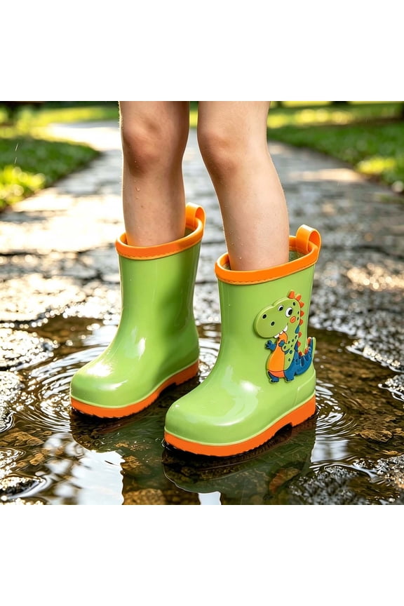 Girls Rain Boots Waterproof Lightweight Dinosaur Non-slip Pull-on Handles Green,Size 19