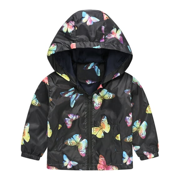 Girls Rain Jacket Toddler Windbreaker Girls Cartoon Prints Zipper Hooded Light Coat Windproof Raincoat Girls Black 12 Months-18 Months