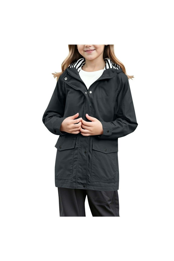 Girls Rain Jacket Waterproof Raincoat Cotton Lined Lightweight Hooded Windbreaker Anorak Jacket for Hiking Camping for Cold Weather, Snowy Conditions and Winter Outdoors, Dark Gray, 160