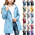 thumbnail image 1 of Girls Rain Jacket Windproof Hooded Coat Solid Color Drawstring Zip Up Outdoor Jacket with Pockets for 5-16 Years, 1 of 7