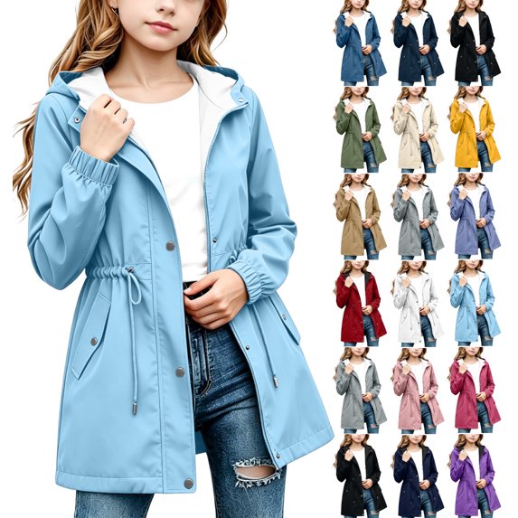 Girls Rain Jacket Windproof Hooded Coat Solid Color Drawstring Zip Up Outdoor Jacket with Pockets for 5-16 Years