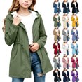thumbnail image 1 of Girls Rain Jacket Windproof Hooded Coat Solid Color Drawstring Zip Up Outdoor Jacket with Pockets for 5-16 Years, 1 of 7