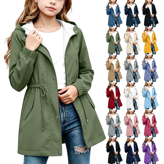 Girls Rain Jacket Windproof Hooded Coat Solid Color Drawstring Zip Up Outdoor Jacket with Pockets for 5-16 Years