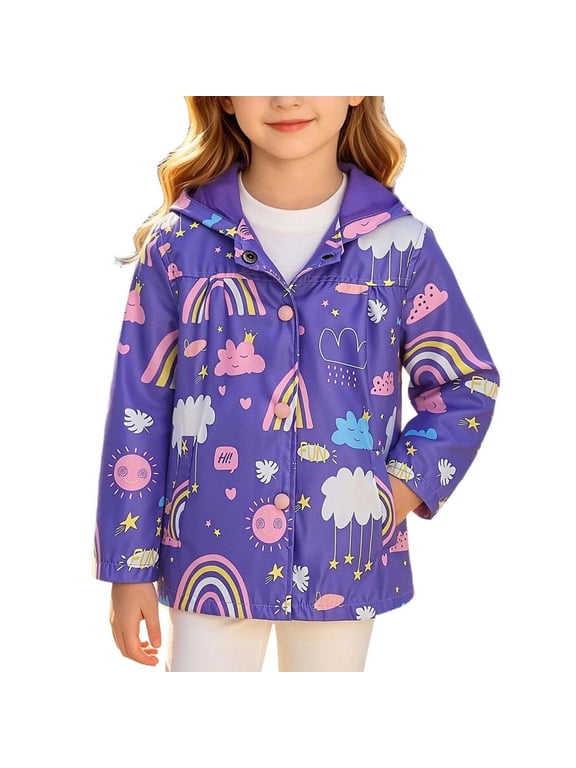 Girls Rain Jackets Hooded Full Zip Button Down Long Sleeve Print Windbreaker Fashion Casual Loose Coat With Pockets (8-9 Years, Purple-A)