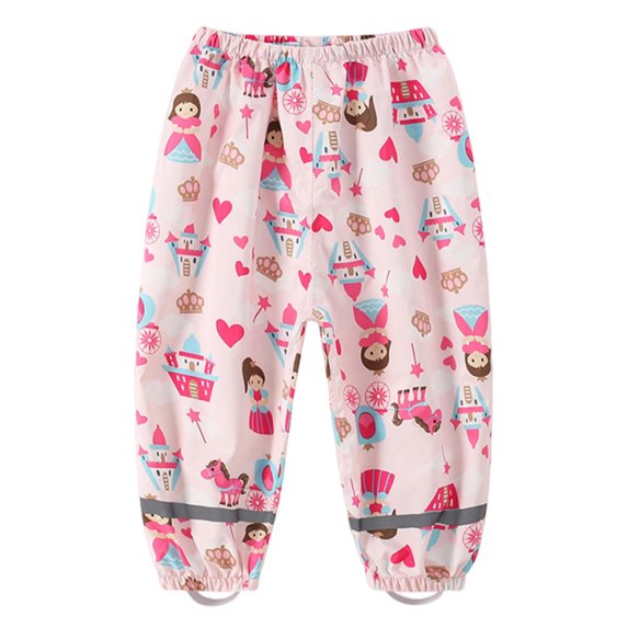 Girls Rain Pants Cute Cartoon Prints Kids Waterproof Rain Pant Quick Dry Lightweight Elastic Wait Rainwear (2 Years, Pink 01)
