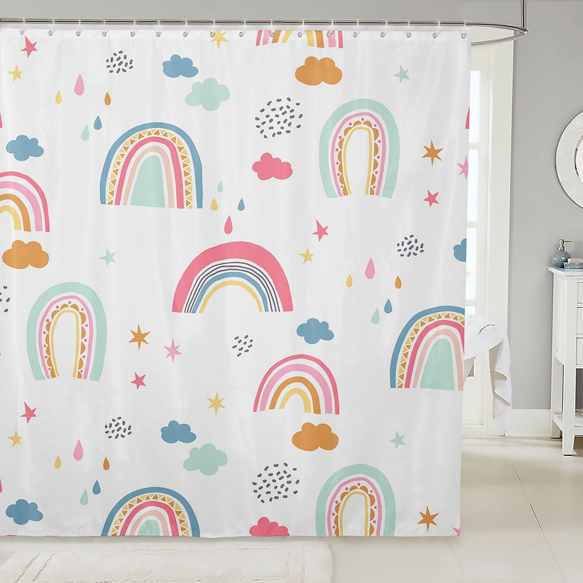 Girls Rainbow Bathroom Shower Curtain Sets,Cute Cartoon Rainbow Shower