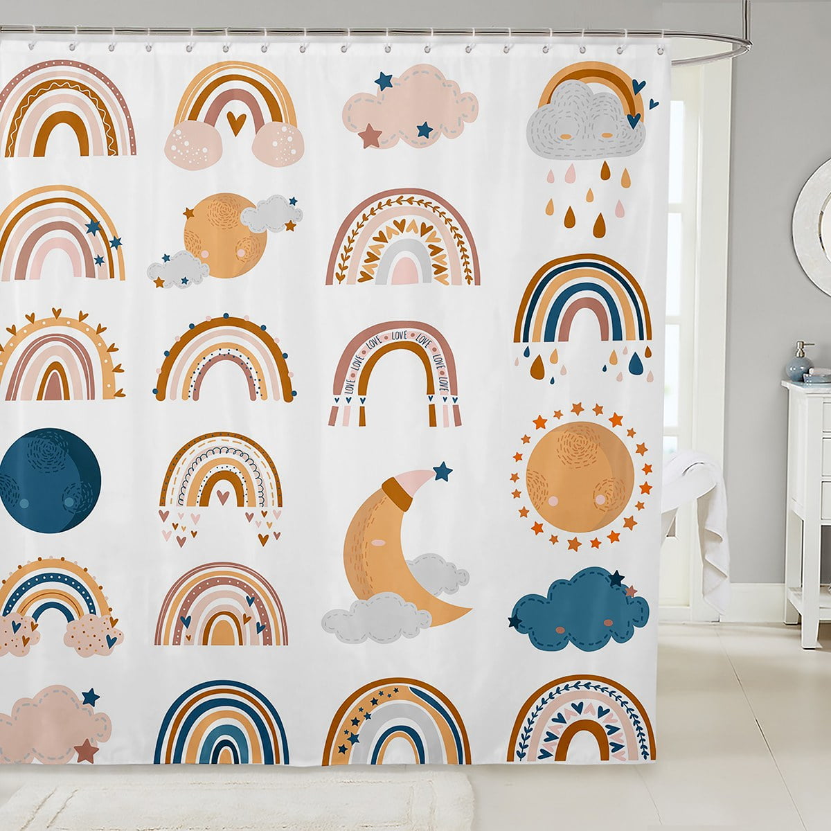 Girls Rainbow Bathroom Shower Curtain Sets,Cute Cartoon Rainbow Shower
