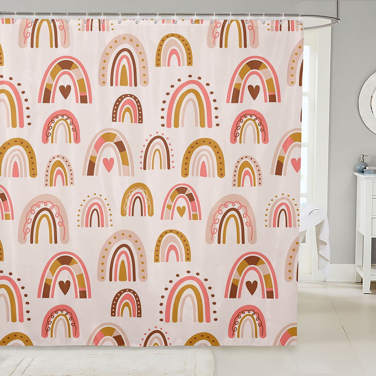 Girls Rainbow Bathroom Shower Curtain Sets Cute Love Heart Boho Stripes