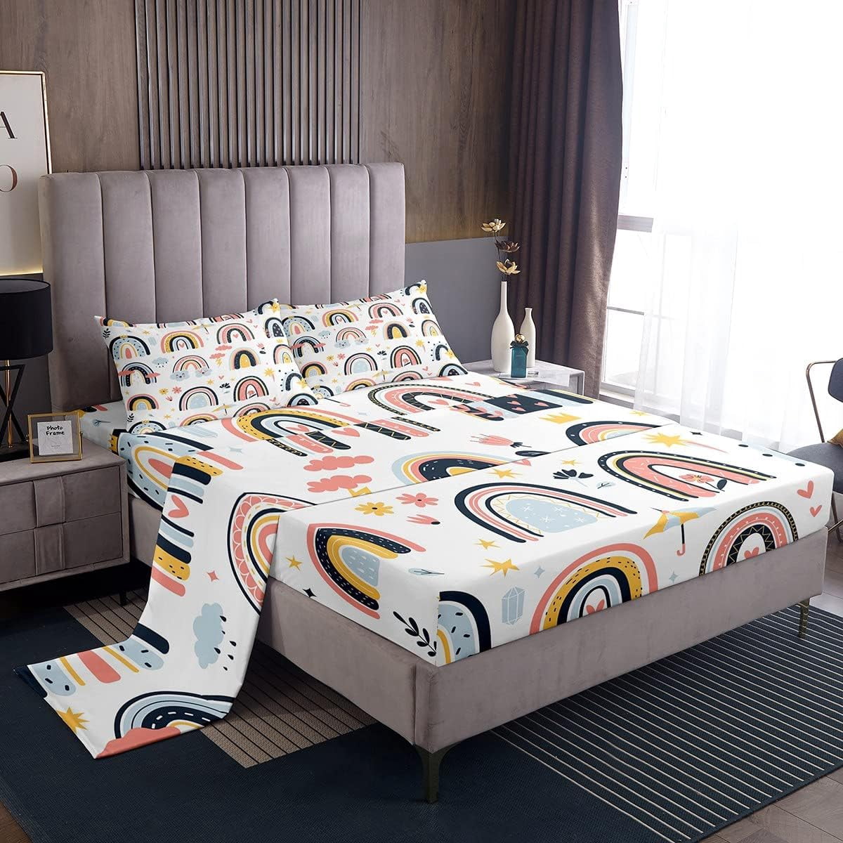 Girls Rainbow Bed Sheets King,Cute Cartoon Rainbow Sheets for Kids ...
