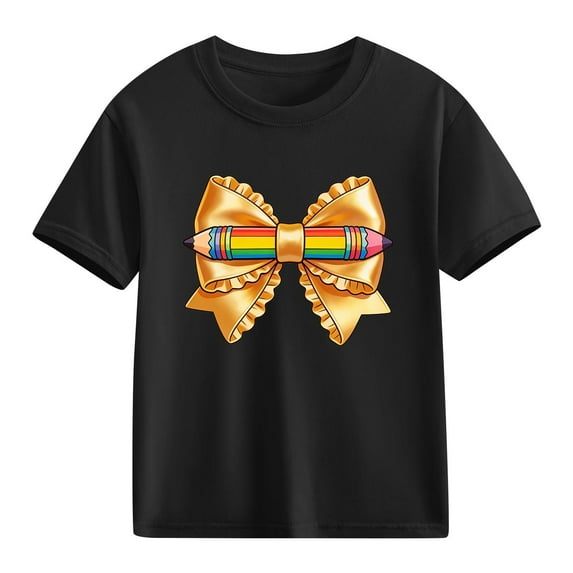 Girls' Rainbow Bow & Crayon Graphic T-Shirt, 100% Cotton Short Sleeve Crewneck Tee for Kids & Kidss, Soft Casual Play Shirt,Size 9 T